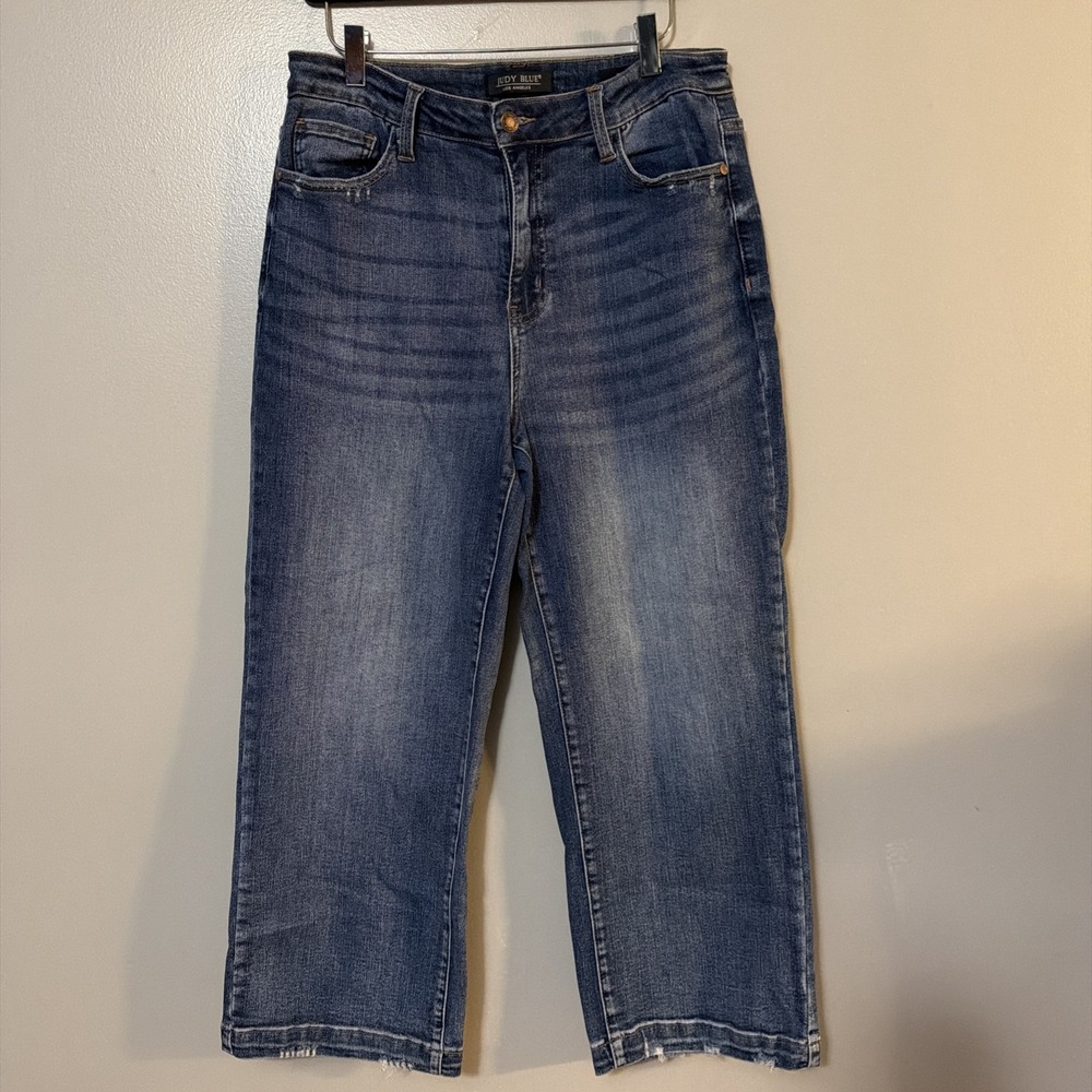 Judy Blue 11/30 Dark Blue Wide Leg Crop High Waist Jeans Boho Retro